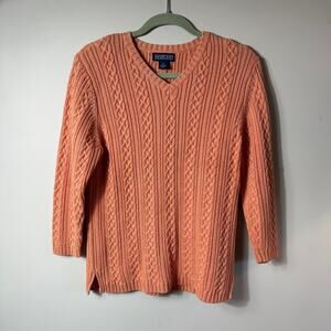 Vintage Lands End Women Cable Knit Sweater SZ S V Neck Orange Classic Fall Cotto